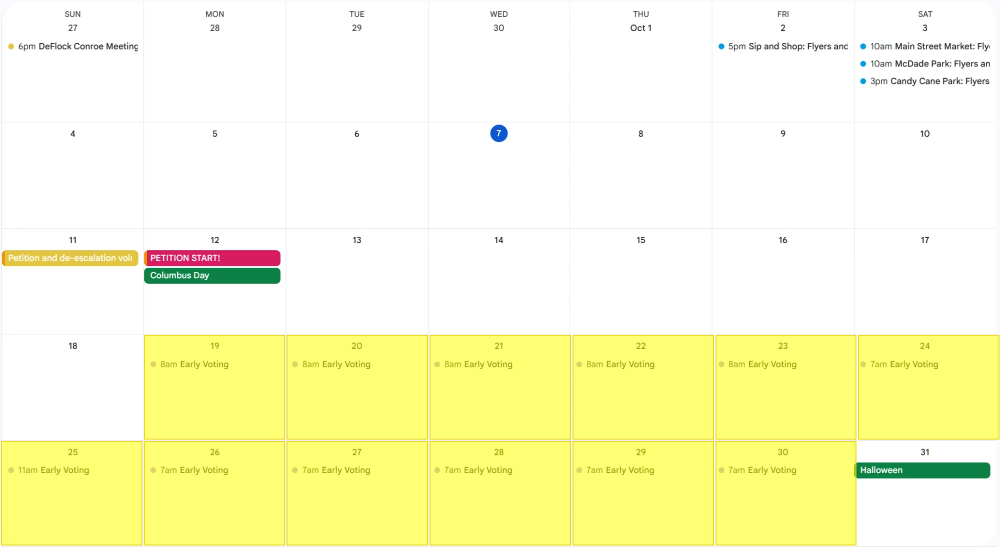 October 2026 calendar with petition start, de-escalation training, and early voting days highlighted in yellow